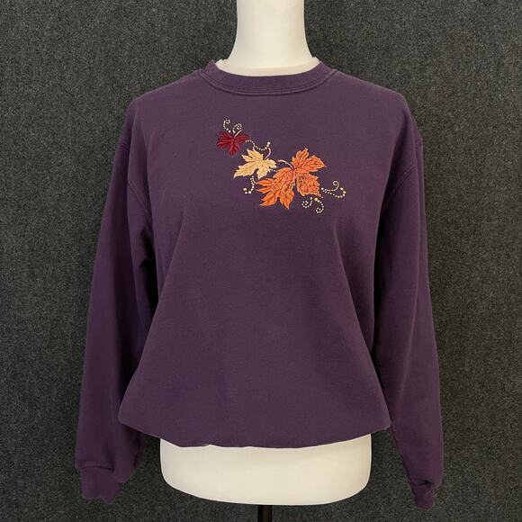 Purple Fall Leaf Embroidered Crewneck Sweatshirt Cozy Grandma Cottagecore  L - Picture 1 of 10